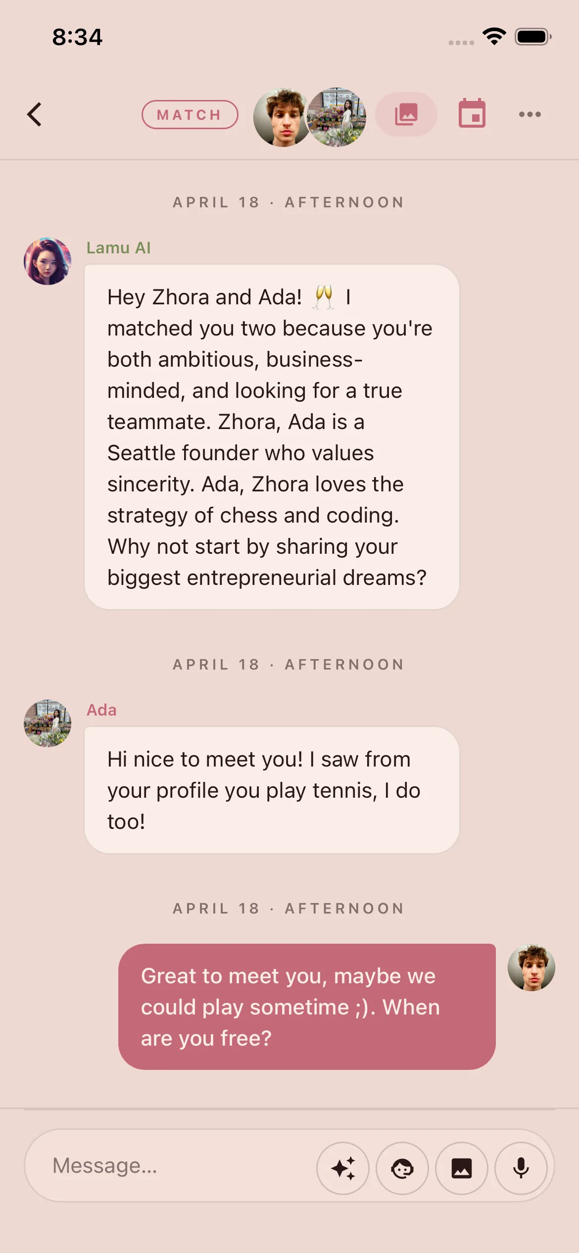 LAMU Matchmaker App — profile and match screen
